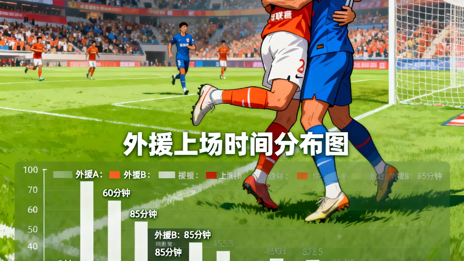 中超联赛标志和足球场，球员庆祝进球，图表显示外援上场时间分布