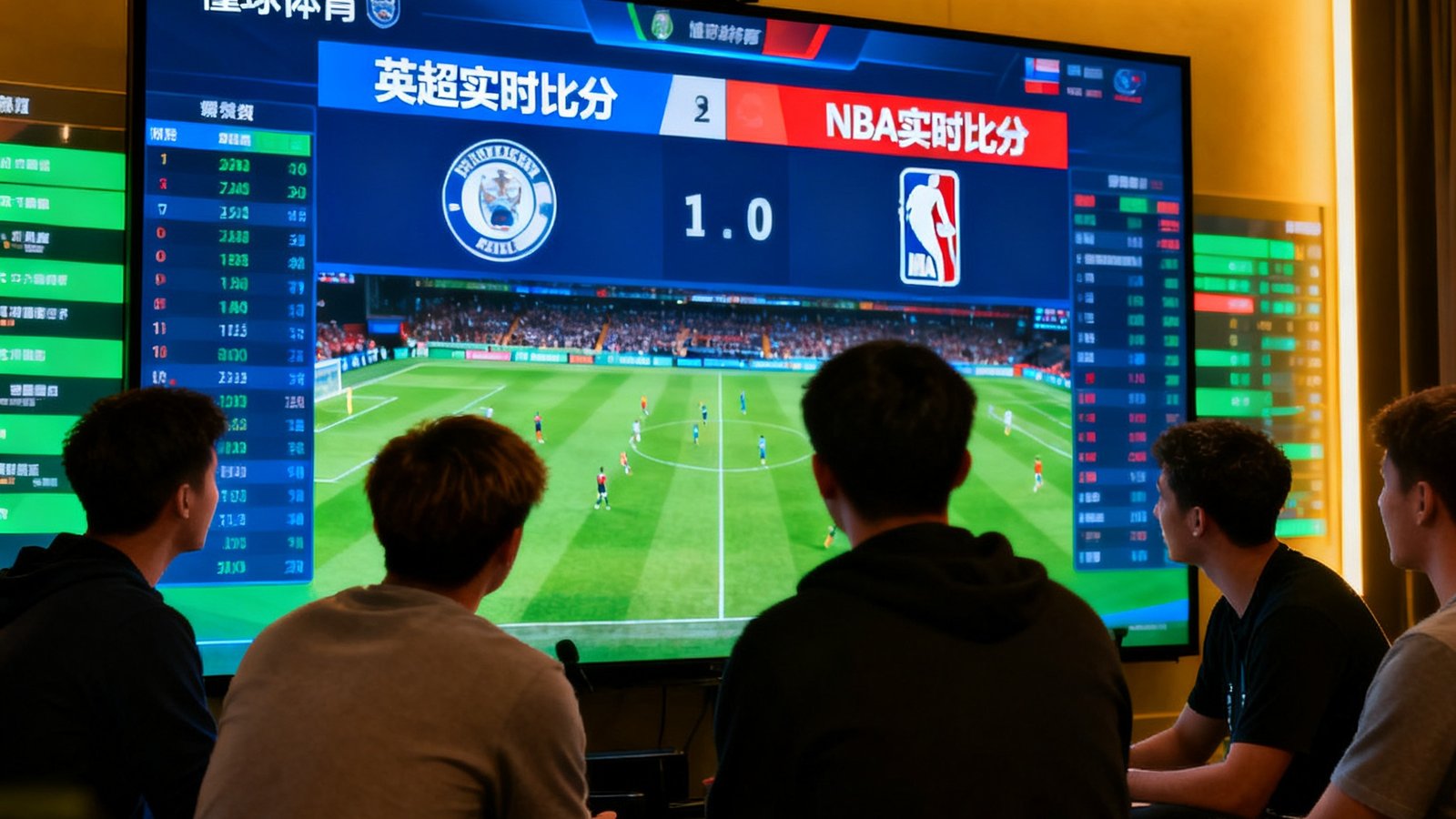 一个大屏幕显示英超和NBA实时比分，球迷正在观看分析，背景是懂球体育数据面板